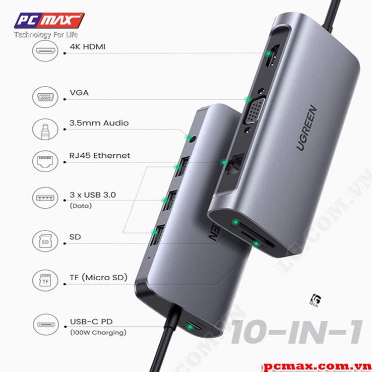 Hub USB Type C 10 in 1 4K USB C to HDMI, VGA,  USB 3.0 Ugreen 80133 - Hàng chính hãng