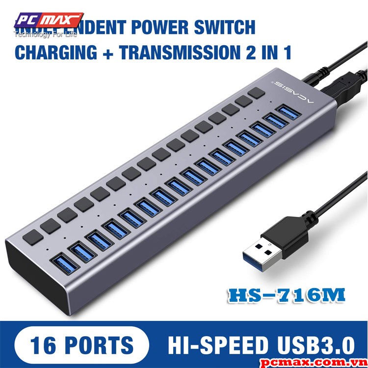 Bộ chia USB 3.0 có nguồn điện 16 port 90W 12V / 7.5A  USB Hub 3.0 cho cứng di động  ACASIS HS-716M - Hàng chính hãng