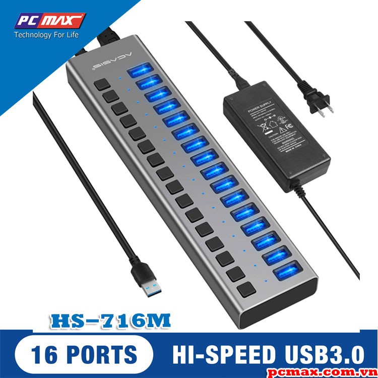 Bộ chia USB 3.0 có nguồn điện 16 port 90W 12V / 7.5A  USB Hub 3.0 cho cứng di động  ACASIS HS-716M - Hàng chính hãng