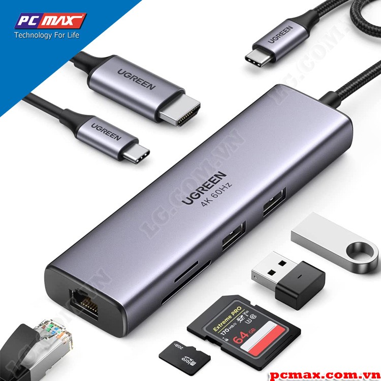HUB USB-C 7 trong 1 hỗ trợ HDMI 4K@60Hz + USB 3.0 + Lan + SD/TF + PD 100W chính hãng Ugreen 60515