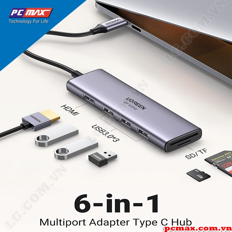 HUB USB Type C 6 in 1 to HDMI + USB 3.0 + SD/TF chính hãng Ugreen 60383